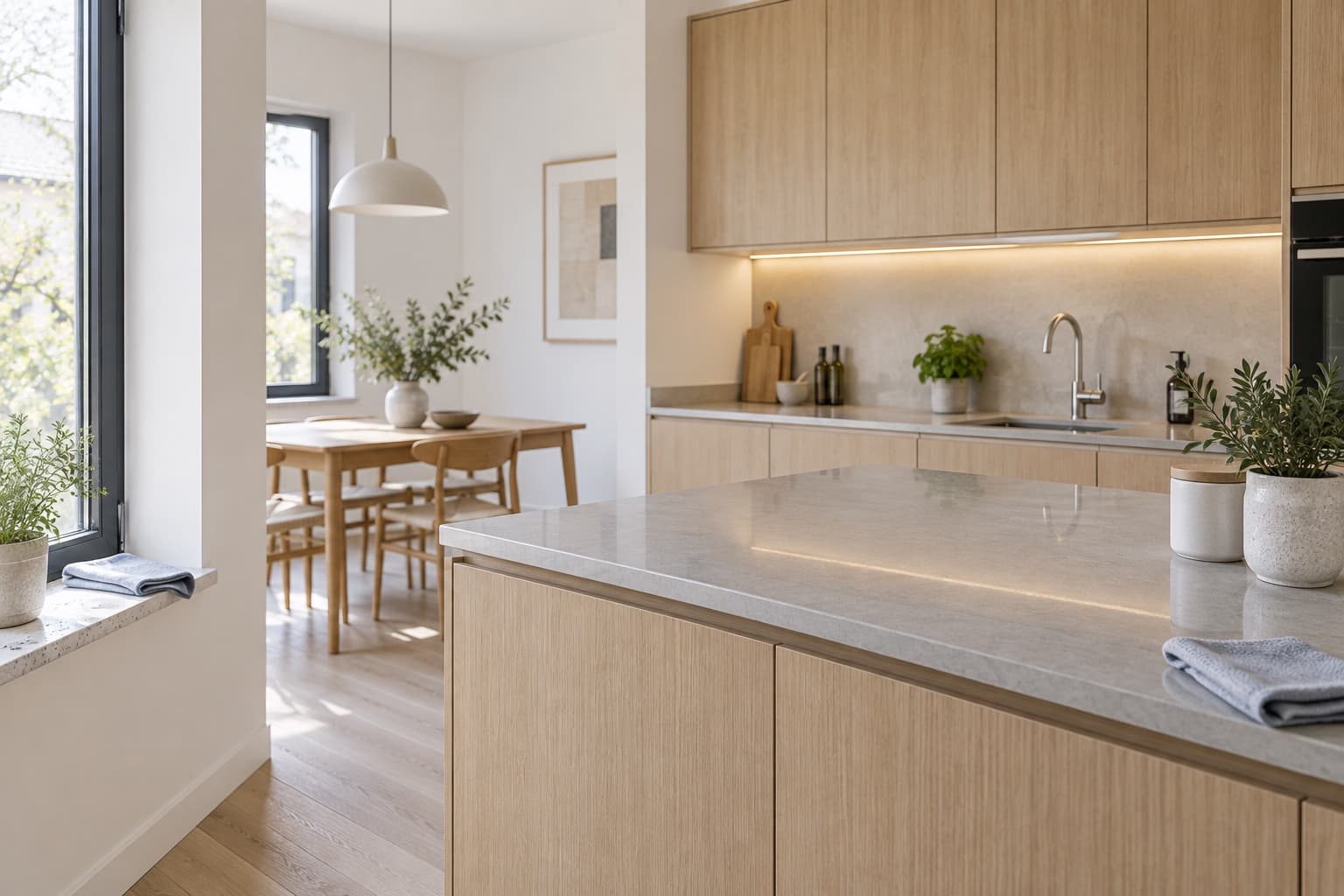 Cuisine rénovée aux surfaces claires et nettoyées