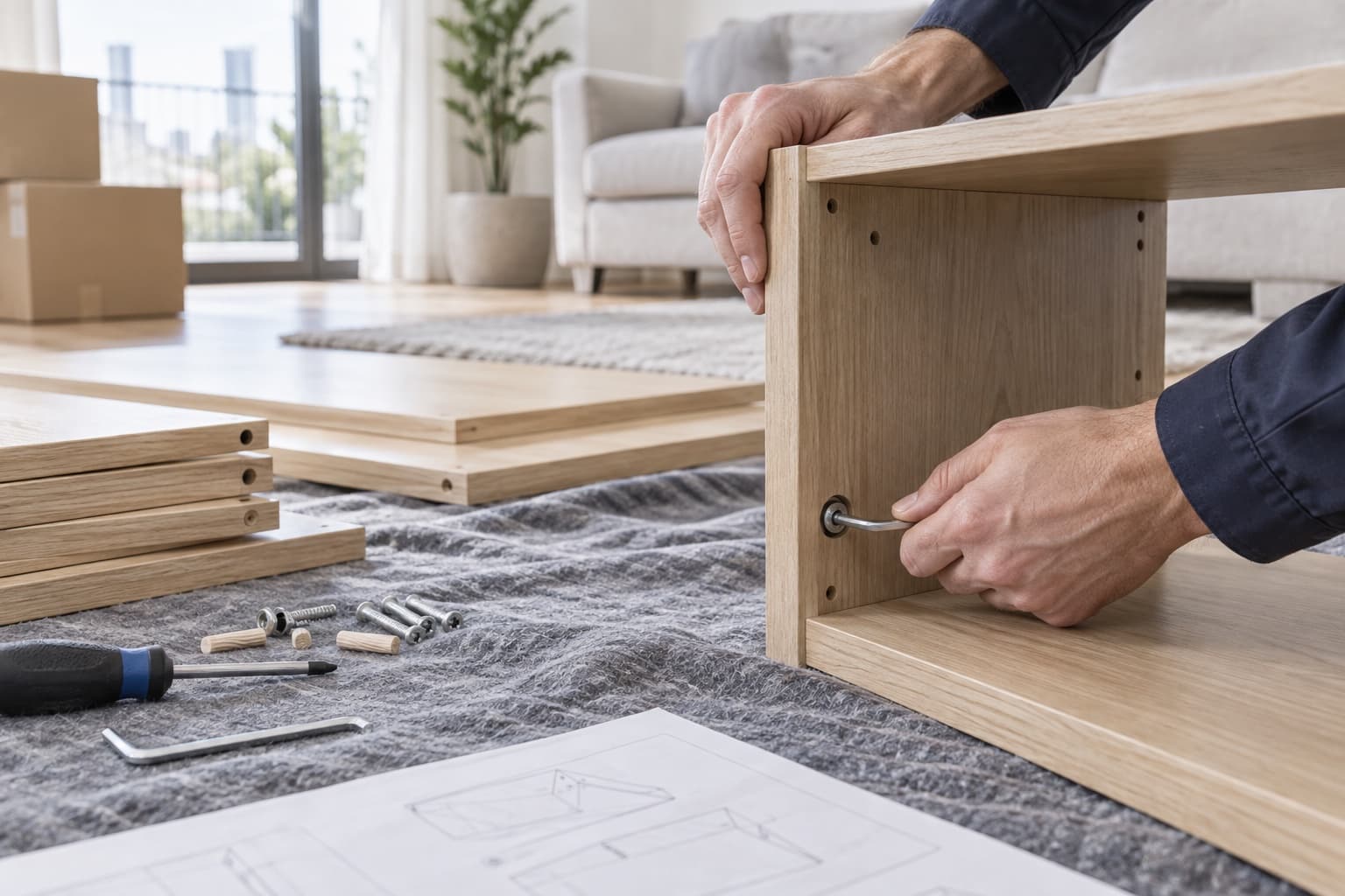 Mains en tenue de travail assemblant un meuble en bois avec une clé hexagonale