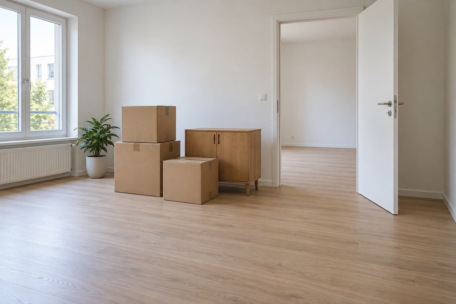 Cartons et meuble regroupés dans un appartement en cours de débarras