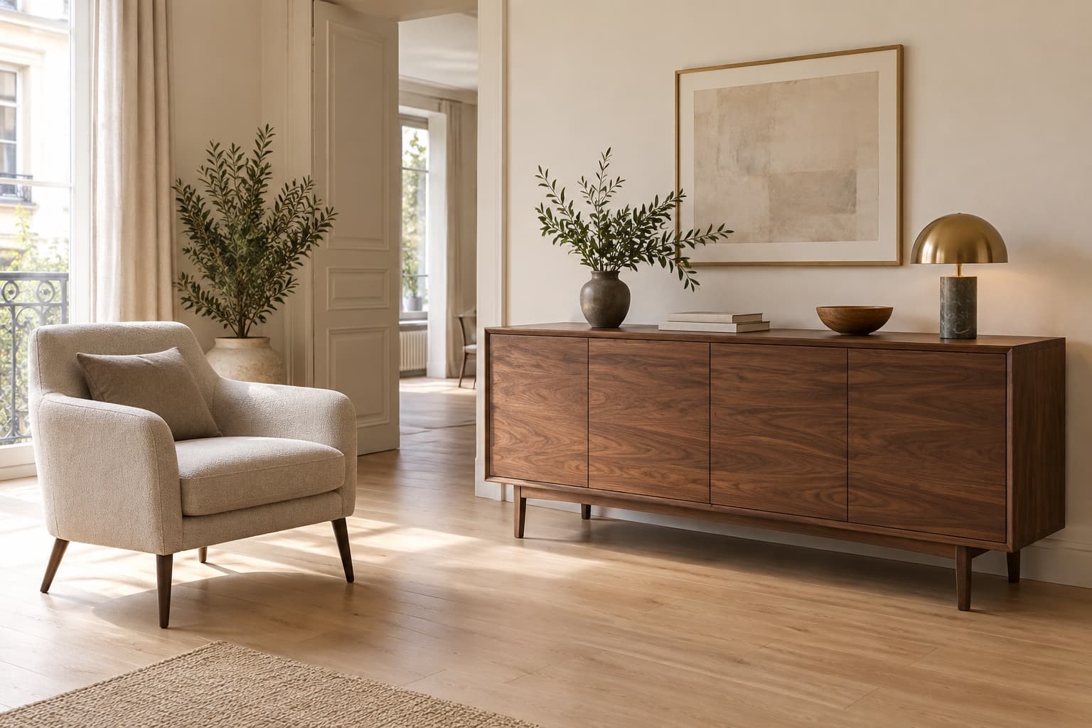 Buffet en bois et fauteuil dans un intérieur lumineux